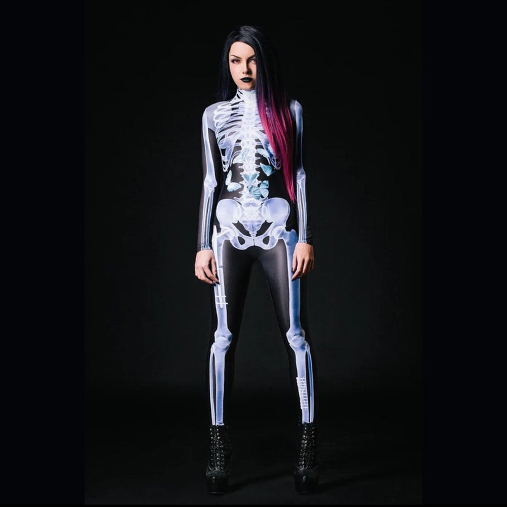 Skeleton Print Bodysuit with Blue and White Design Costume